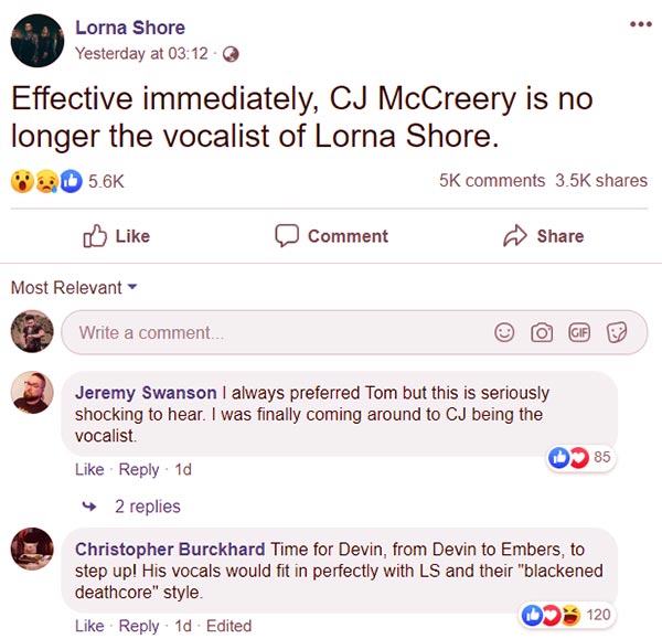 Image of Lorna Shore shared a post on facebook on December 23